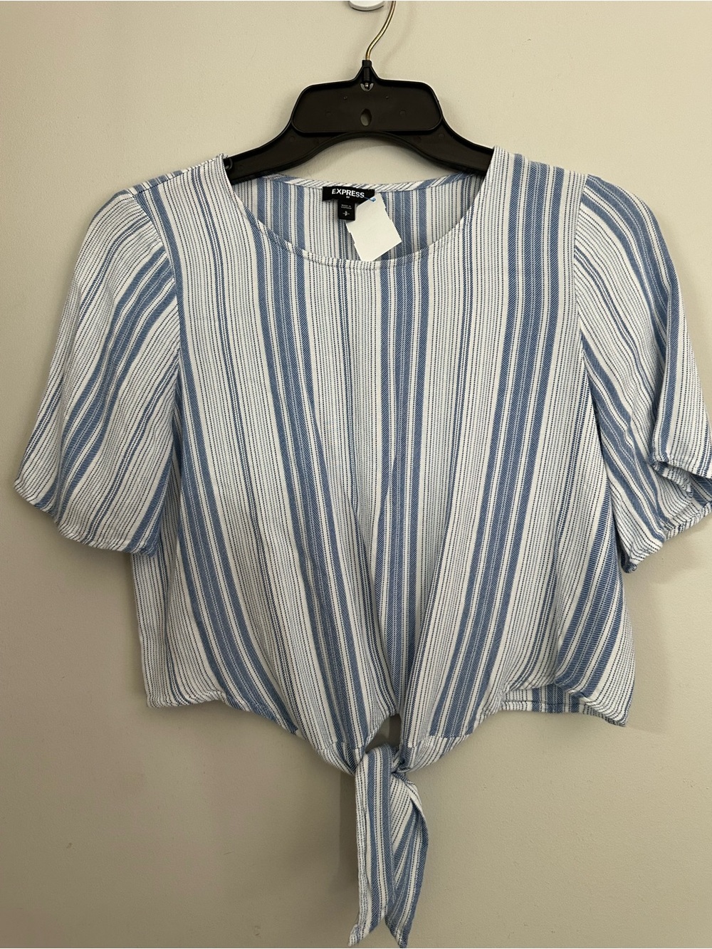 Express Blue and White Striped Tie-Front Crop Top, Small